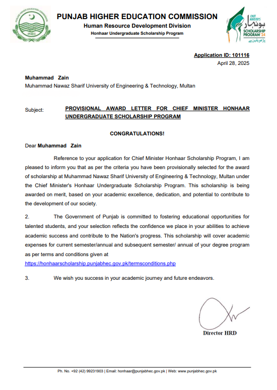 Honhaar Scholarship Letter
